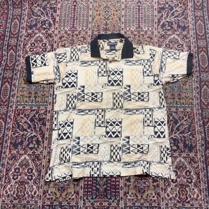 VTG 90s Crossings Mens Geometric Tribal Print Polo Shirt Tan Black Cotton M Knit